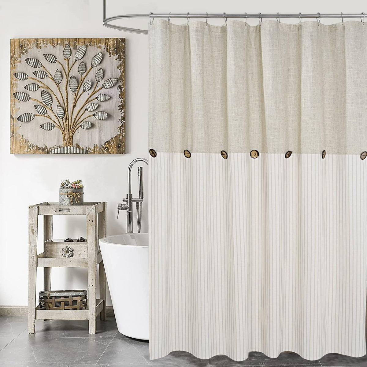 DOSLY IDÉES Farmhouse Shower Curtain,Beige and Gray Stripe,Button Curtain,Linen and Cotton Woven Fabric,Rustic Charm Country Chic Style,72x72 in