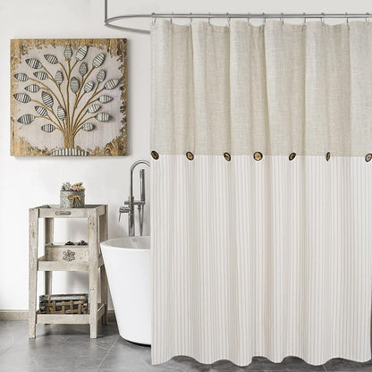 DOSLY IDÉES Farmhouse Shower Curtain,Beige and Gray Stripe,Button Curtain,Linen and Cotton Woven Fabric,Rustic Charm Country Chic Style,72x72 in