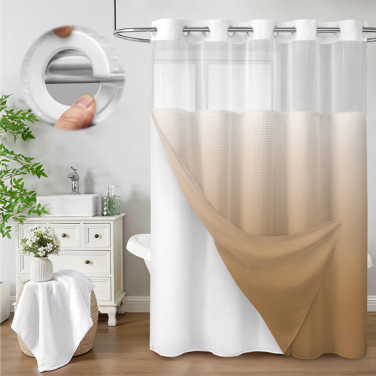 No Hook Shower Curtain with Liner Set Hotel Waffle Burgundy 72W X 75L