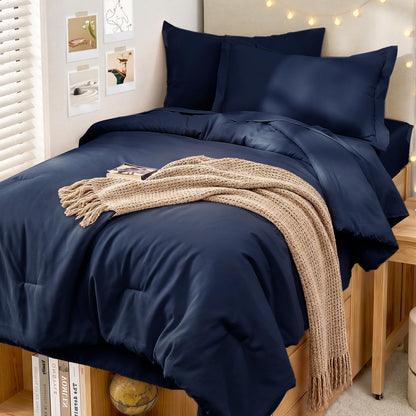 MUXHOMO Full Comforter Set 7 Pieces, Soft Bed in a Bag, Beige
