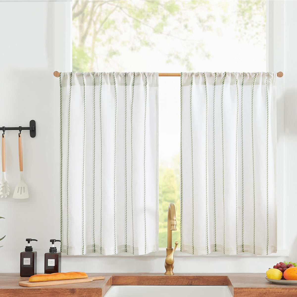 jinchan Linen Striped Tier Curtains for Kitchen Windows Green 26 x 24 inch