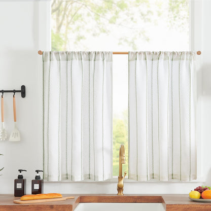 jinchan Linen Striped Tier Curtains for Kitchen Windows Green 26 x 24 inch