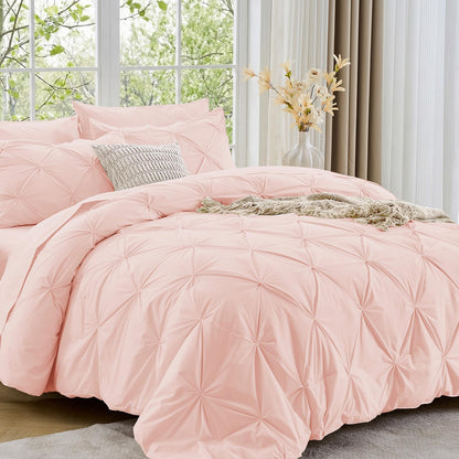 Sasttie Full Size Comforter Set, 7-Piece Bed in a Bag Double, Pintuck Bedding Set for All Season, Includes Comforter, Flat Sheet, Fitted Sheet, Pillowcases and Pillowshams, Beige