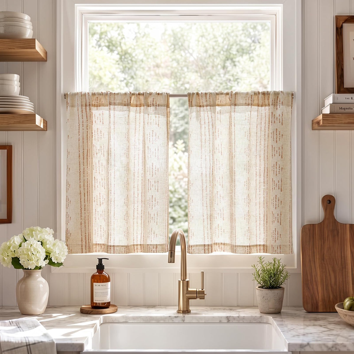 jinchan Linen Striped Tier Curtains for Kitchen Windows Green 26 x 24 inch