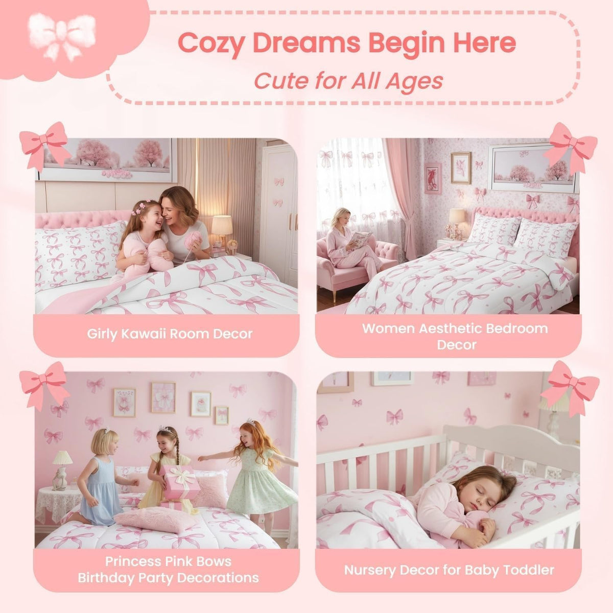 Erosebridal Cute Pink Bow Twin Bedding Set for Girls,Ribbon Bow Knot Comforter Set for Kids Kawaii Room Decor,Princess Bowknot Bed Set Girly Pink Bows Bedding Comforter Sets,1 Pillowcase
