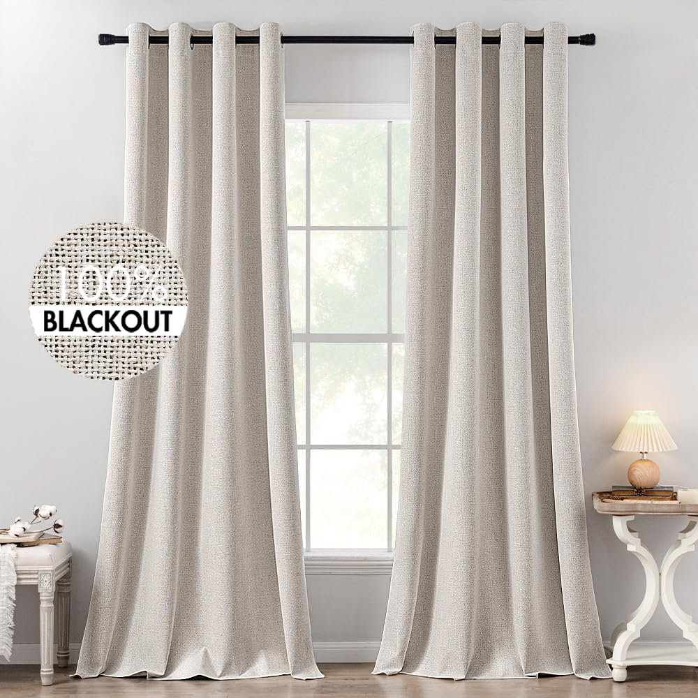 MIULEE 100% Blackout Linen Curtains for Bedroom 52x90 Inches Natural Beige