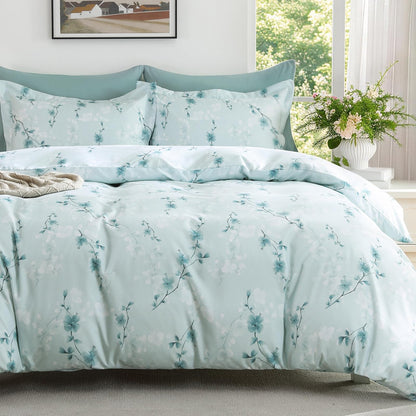 MUXHOMO Duvet Cover King Size, 3-Piece Floral Grey-Blue Bedding Set