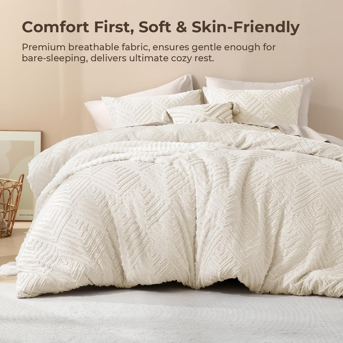 Litanika King Size Comforter Set, 3 Pieces Beige Tufted Boho Bedding Set