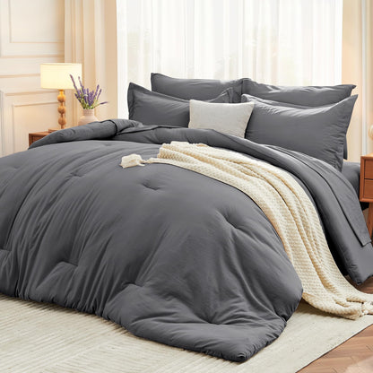 MUXHOMO Queen Comforter Set 7 Pieces, Soft Bed in a Bag, Beige