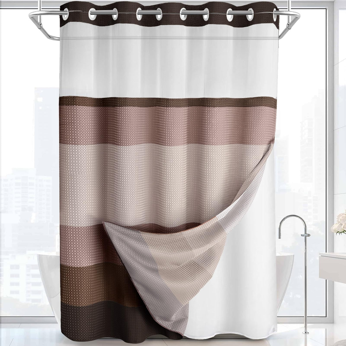 No Hook Shower Curtain with Liner Set Hotel Waffle Burgundy 72W X 75L