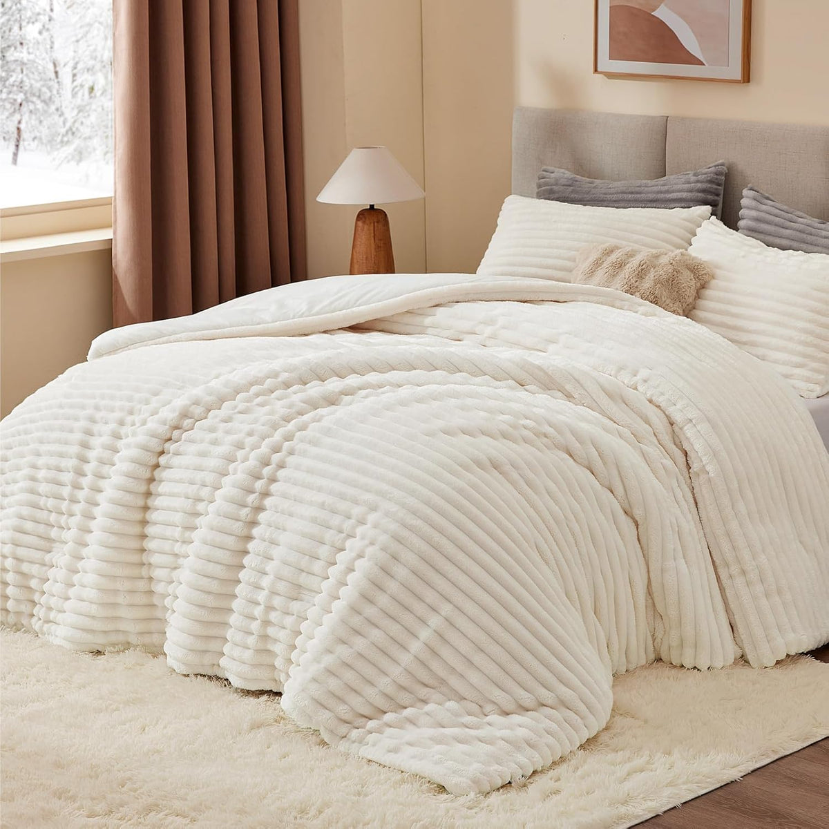 BEDELITE Fleece Full Comforter Set, Fluffy Bed Set, Cream White