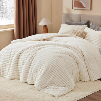 BEDELITE Fleece Full Comforter Set, Fluffy Bed Set, Cream White