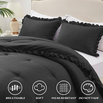 HARBOREST Queen Comforter Ruffle Black, Fluffy Queen Bedding, 3 Pieces Shabby Chic Comforter Set(1 Comforter & 2 Pillow Shams)