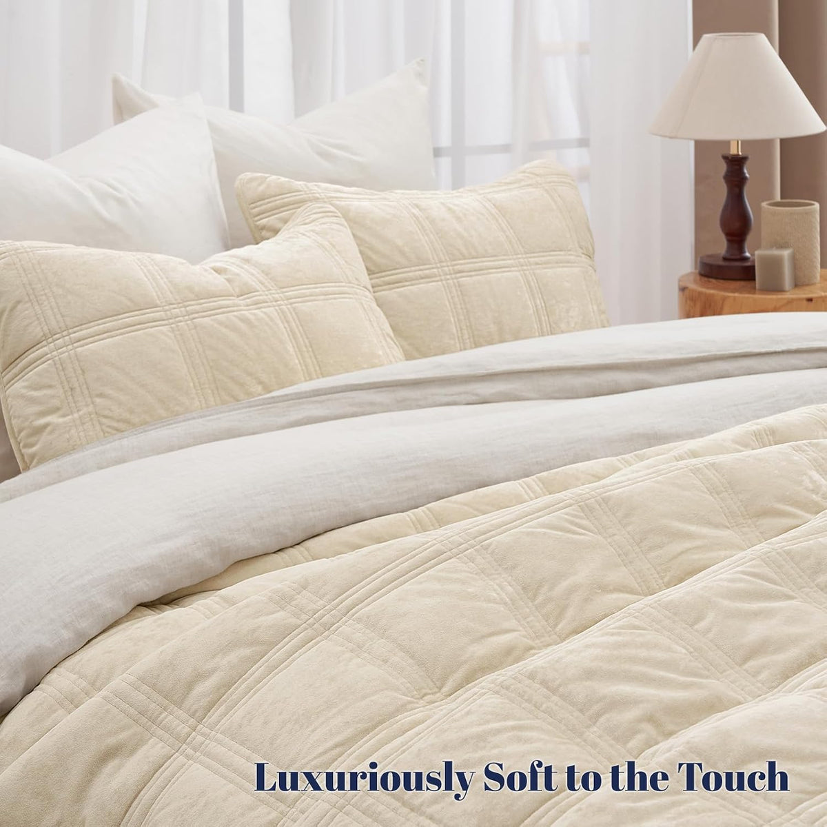 PHF Diamond Pattern Luxury Velvet Quilt Set Queen Size, Sand