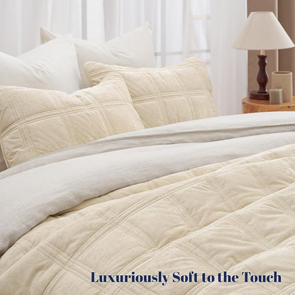 PHF Diamond Pattern Luxury Velvet Quilt Set Queen Size, Sand