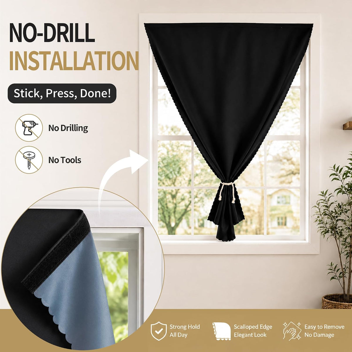 Autohesion Curtains for Windows,Bedroom Blackout Curtains for - Thermal Lnsulated No Drill Curtains Room Darkening Black Small Drapes, JILRON,(1 Panels,35Wx48L inch-Black)