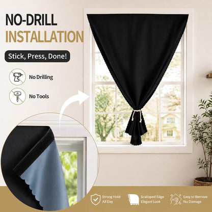 Autohesion Curtains for Windows,Bedroom Blackout Curtains for - Thermal Lnsulated No Drill Curtains Room Darkening Black Small Drapes, JILRON,(1 Panels,35Wx48L inch-Black)