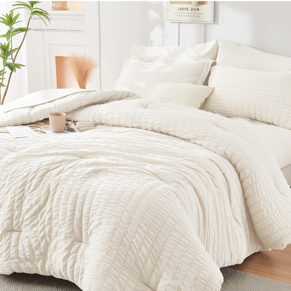 Queen Comforter Set - 7PCS Bed in a Bag, Seersucker Bedding Set, Beige