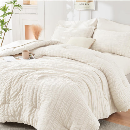 Full Comforter Set - 7PCS Bed in a Bag, Seersucker Bedding Set, Dark Grey