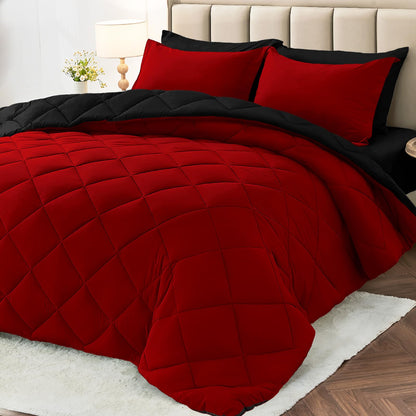 MUXHOMO Full Comforter Set 7 Pieces, Reversible Bed in a Bag, Red/Black