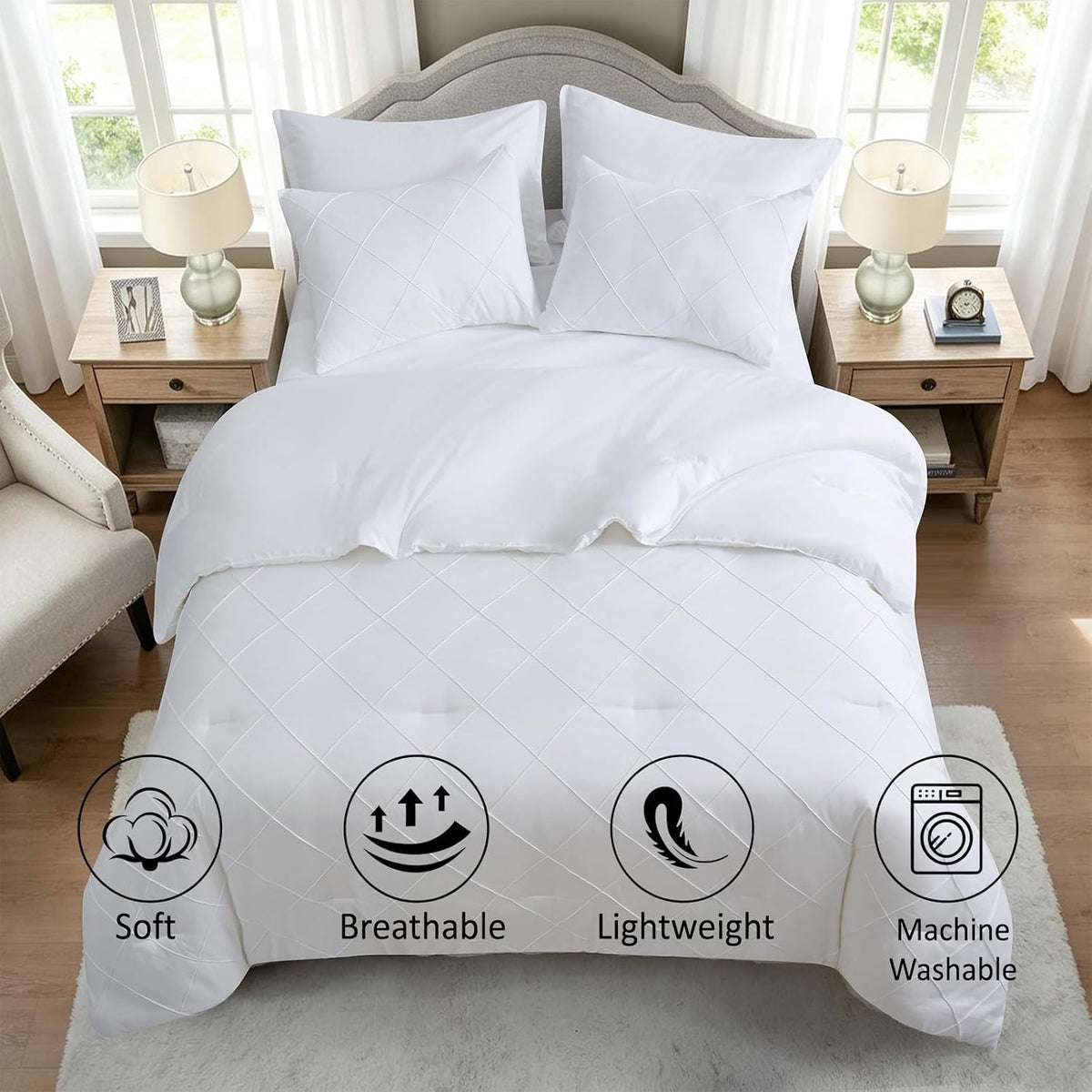 White Comforter Queen Set, All Season Diamond Bedding Sets 7 Pcs
