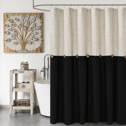 DOSLY IDÉES Farmhouse Shower Curtain,Beige and Gray Stripe,Button Curtain,Linen and Cotton Woven Fabric,Rustic Charm Country Chic Style,72x72 in