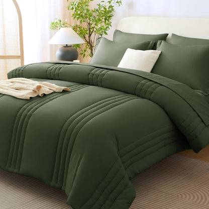 CozyLux Queen Comforter Set Beige - 7 Pieces Vertical Quilted Bed in a Bag