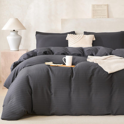 Comforter Queen Set Grid Black 100% Soft Washed Microfiber Jacquard 3 Pieces Grid Bedding Sets Grey White Comforter Queen for All Seasons and 2 Pillowcases Comfort Breathable