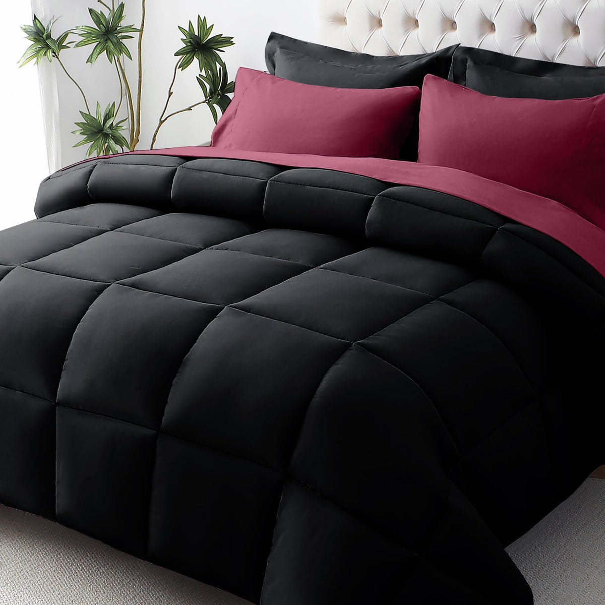 JOLLYVOGUE Full Comforter Set, Ultra-Soft Bed in a Bag Full Size 7 Pieces, Oeko-TEX Certified Bedding Set with Down Alternative Comforter, Sheets, Pillowcases & Shams, Black