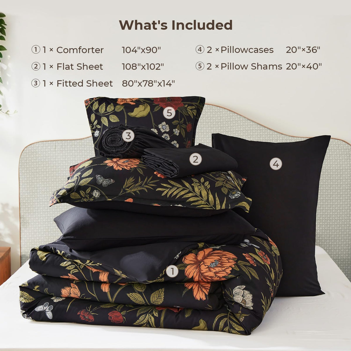 Litanika Floral Black King Comforter Set-7 Piece Botanical Birds Bedding