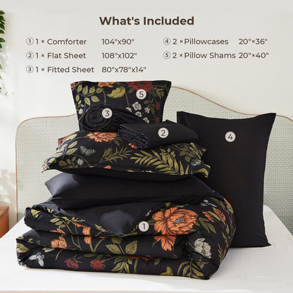 Litanika Floral Black King Comforter Set-7 Piece Botanical Birds Bedding