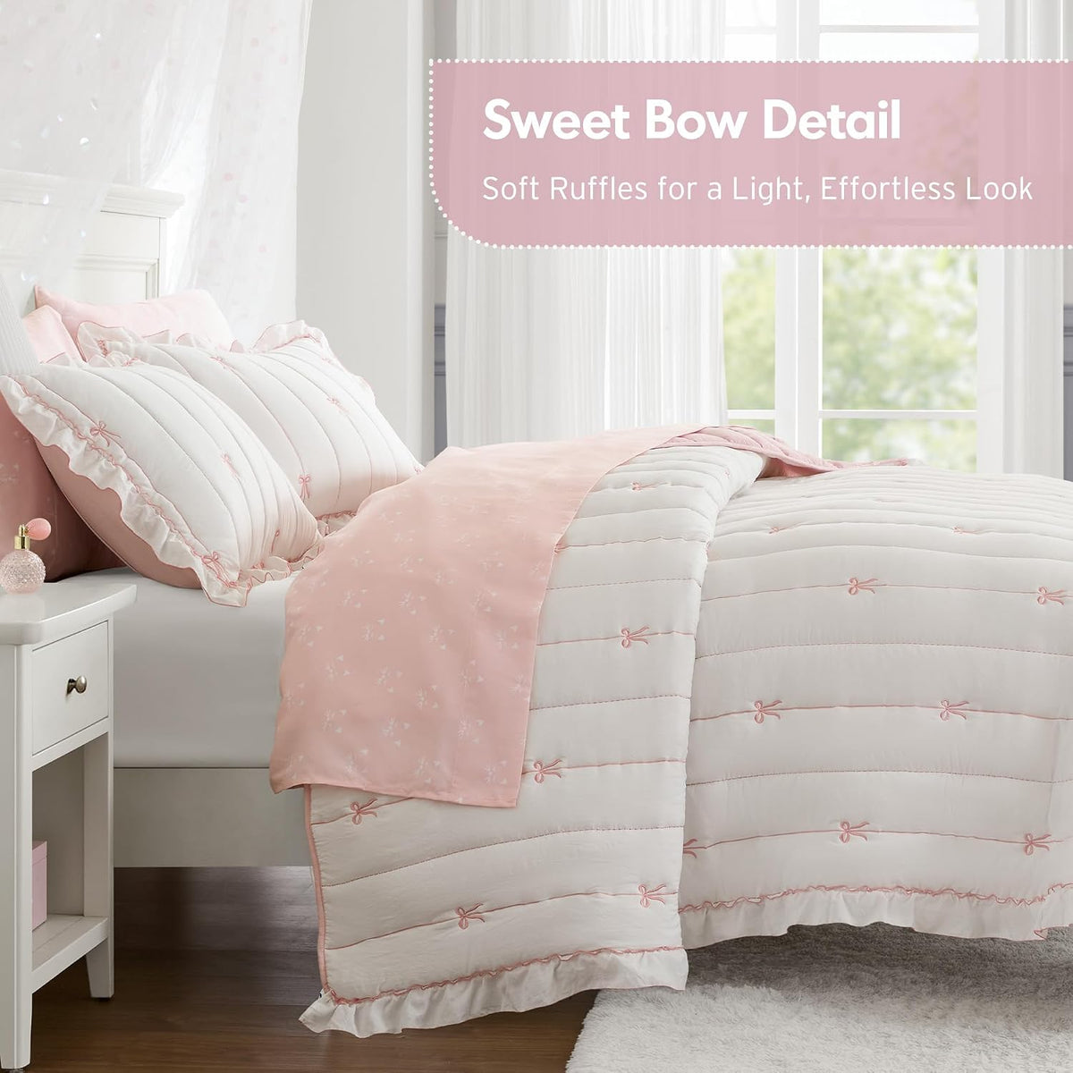 Intelligent Design Bow Embroidered Ruffle Pink Queen Quilt Set, 3pc