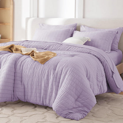 MUXHOMO Queen Comforter Set 7 Pieces, Seersucker Bed in a Bag, Beige