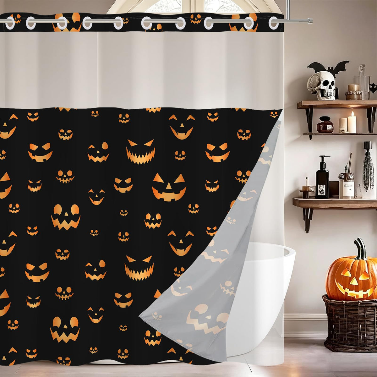 Halloween Shower Curtain, Black and White Funny Ghosts Icons Spooky Cute Halloween Bathroom Curtain Waterproof Fabric Machine Washable with Hooks, 72" Wx72 L
