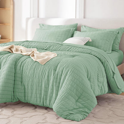 MUXHOMO Queen Comforter Set 7 Pieces, Seersucker Bed in a Bag, Beige