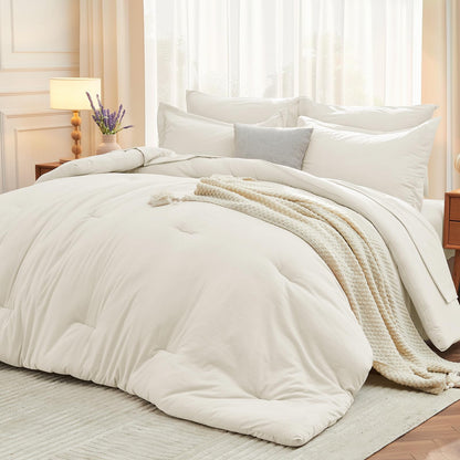 MUXHOMO Queen Comforter Set 7 Pieces, Soft Bed in a Bag, Olive Green