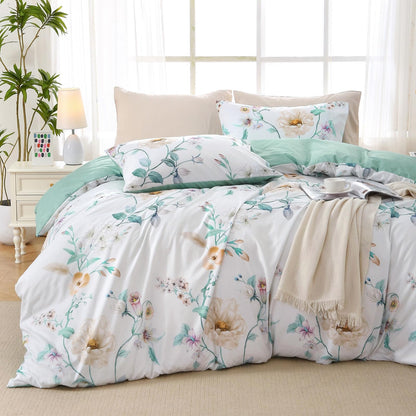 MUXHOMO Duvet Cover King Size, 3-Piece Floral Grey-Blue Bedding Set