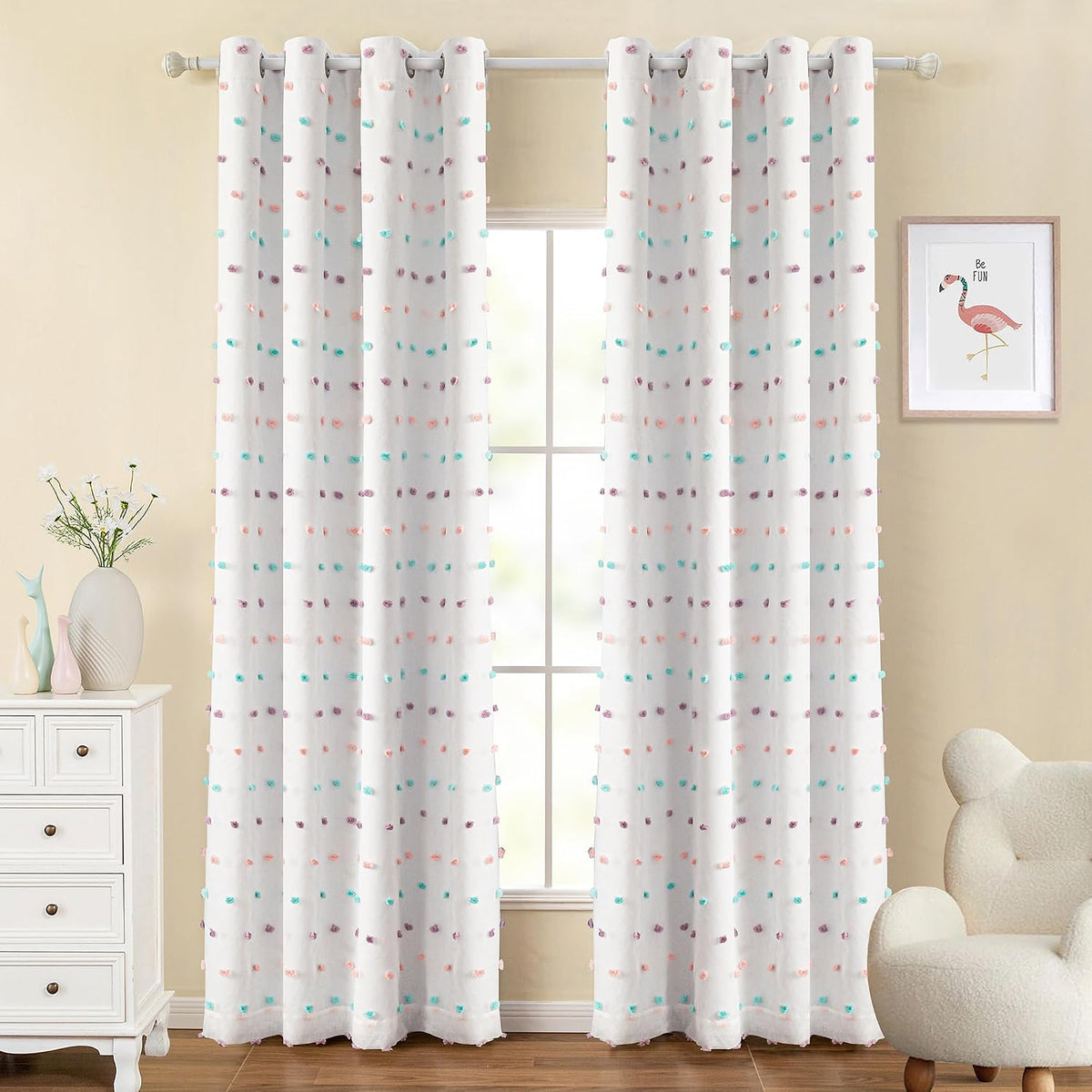 MYSKY HOME Kids Blackout Curtains for Boys Bedroom 84 Inch Long 100% Light Blocking Cute Curtains for Playing Room 2 Panels Grommet Nursery Drapes with Rainbow Pom Pom Sheer 2 Layered 50W x 84L
