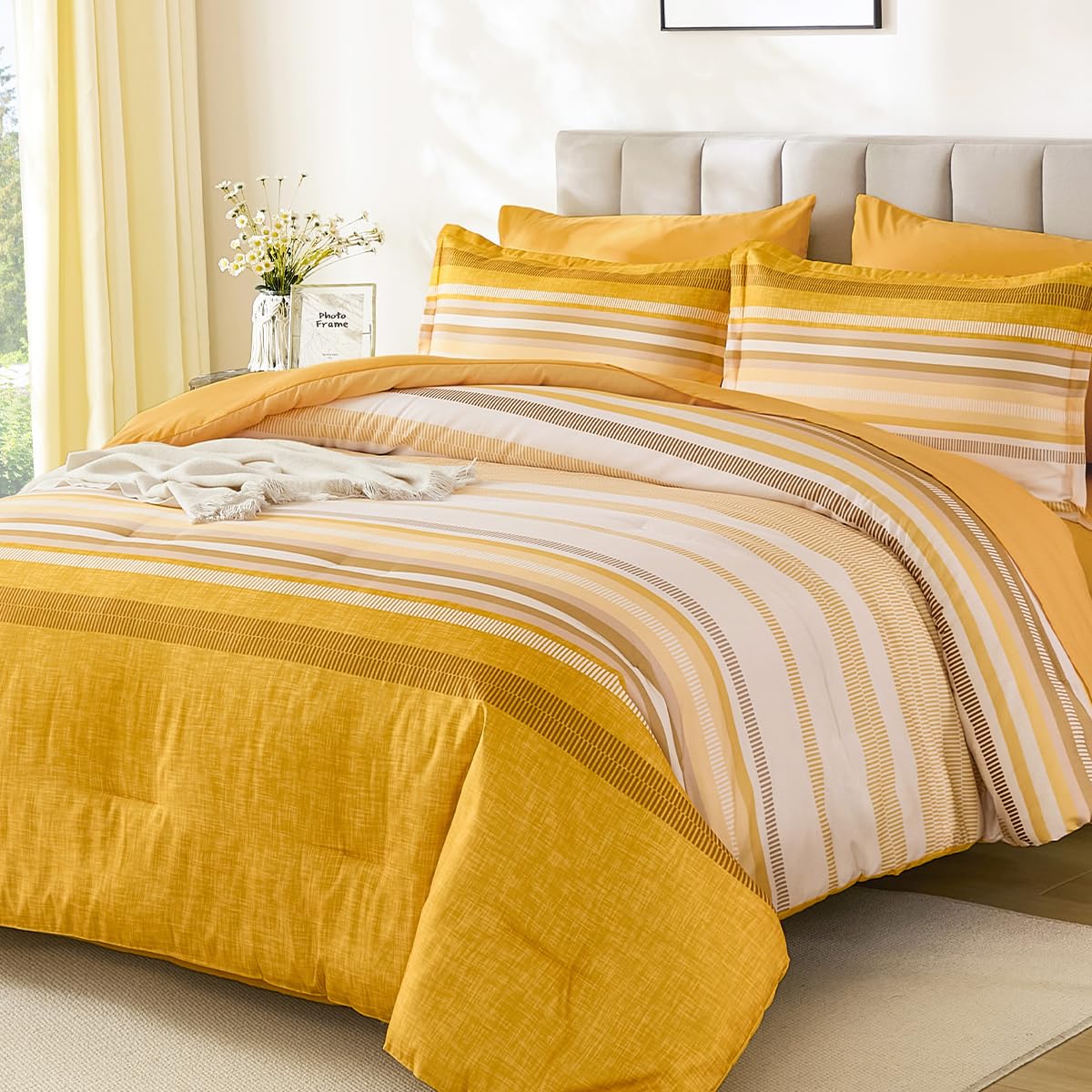 Dobuyly Teal Queen Comforter Set 7 Pieces, Blue Boho Striped Bed in a Bag Queen Size Soft Microfiber All Season Bedding Set with Comforter, Sheets, Pillowcases & Shams