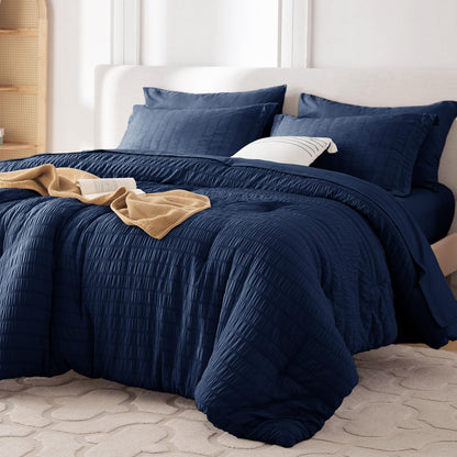 MUXHOMO Queen Comforter Set 7 Pieces, Seersucker Bed in a Bag, Beige