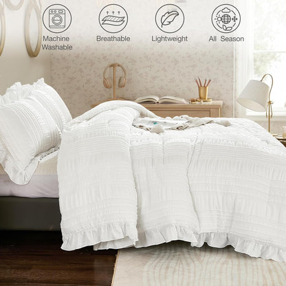 WONGS BEDDING White Queen Comforter Set,Boho Ruffle Comforter for Queen Bed,Soft Seersucker Shabby Chic Bedding Set with 1 Comforter,2 Tufted Pillowcases 90"×90"