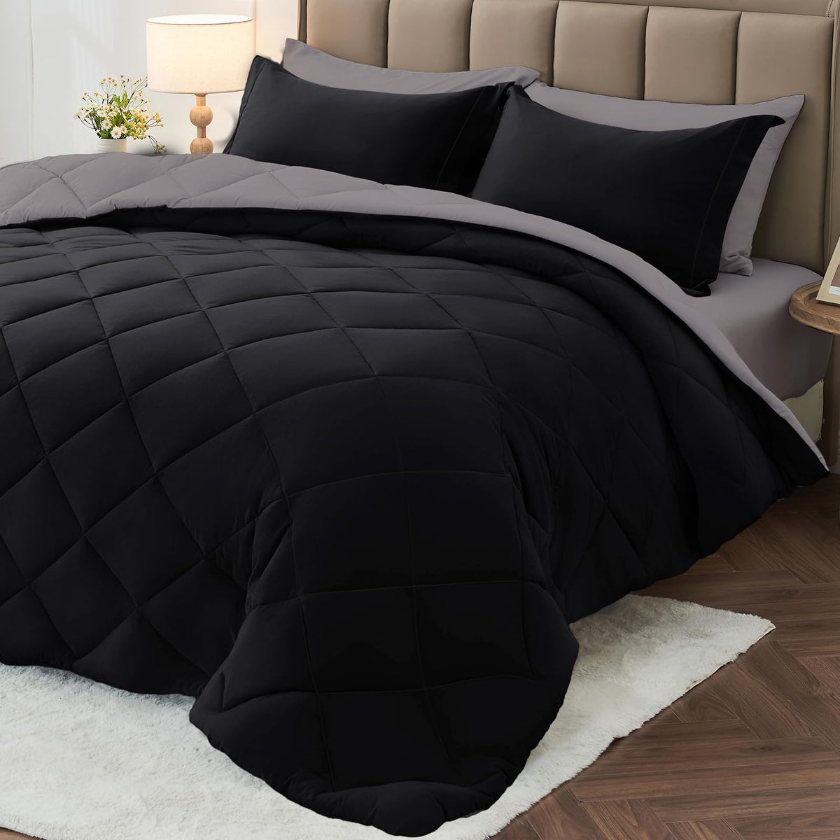 MUXHOMO Full Comforter Set 7 Pieces, Reversible Bed in a Bag, Red/Black
