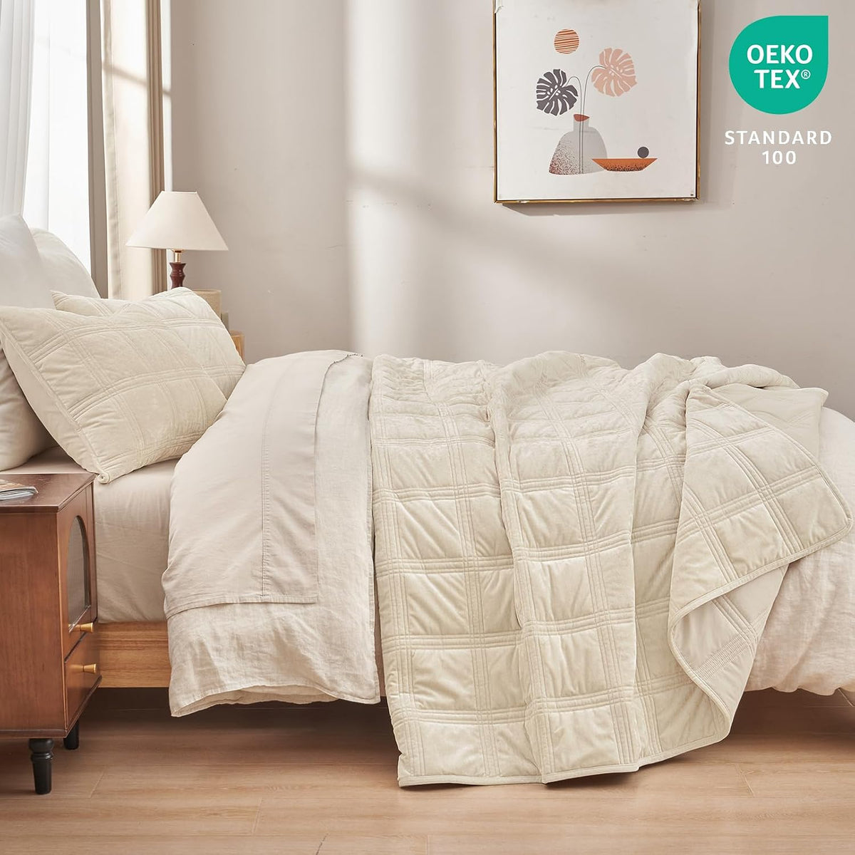 PHF Diamond Pattern Luxury Velvet Quilt Set Queen Size, Sand