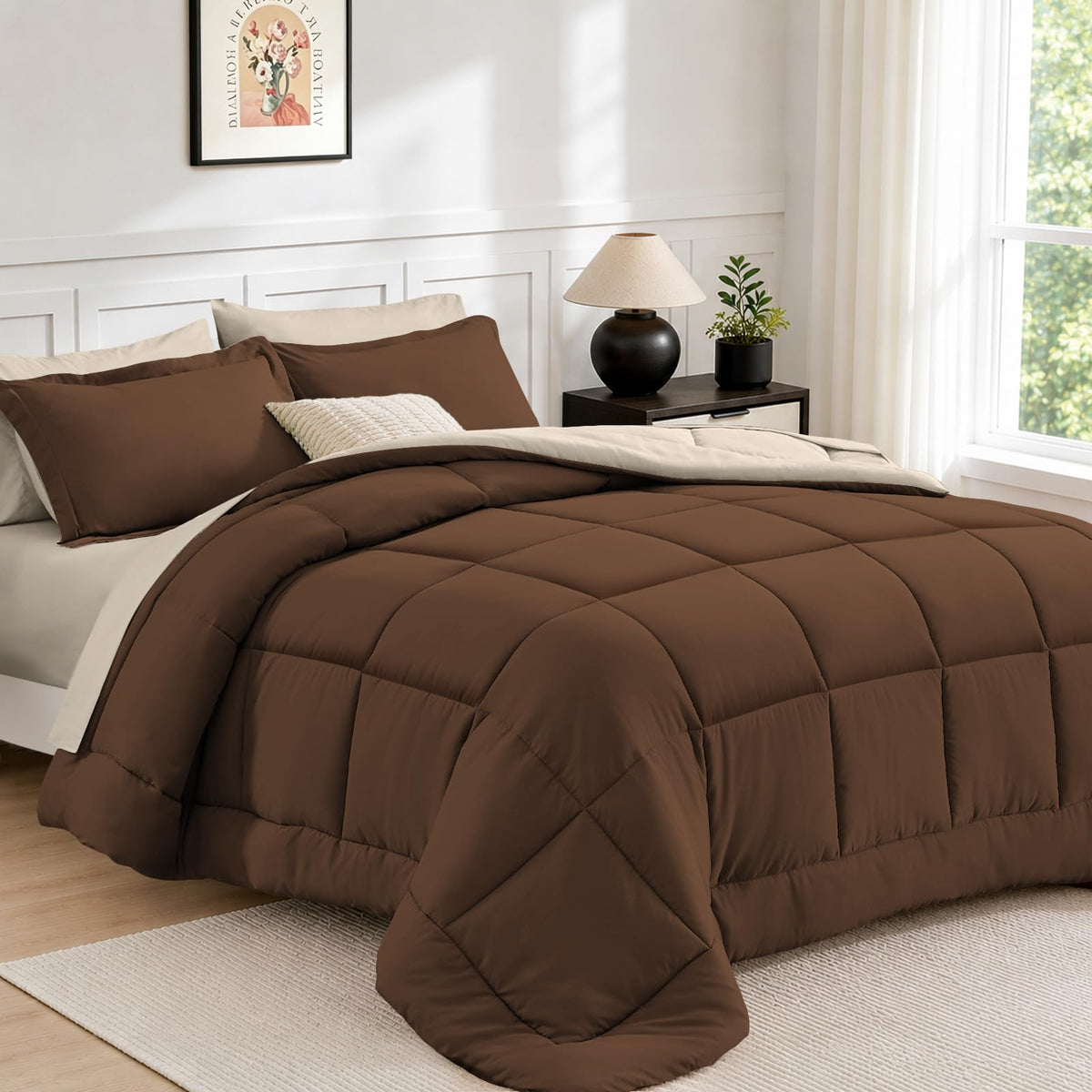 FUANNA Queen Comforter Set 7 Pieces, Reversible Bed Set, Soft Bed in a Bag