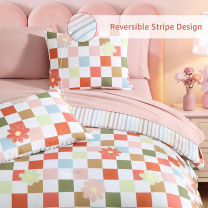 Twin XL Comforter Set for Girls Colorful Checkered Bed in a Bag 5 Pieces