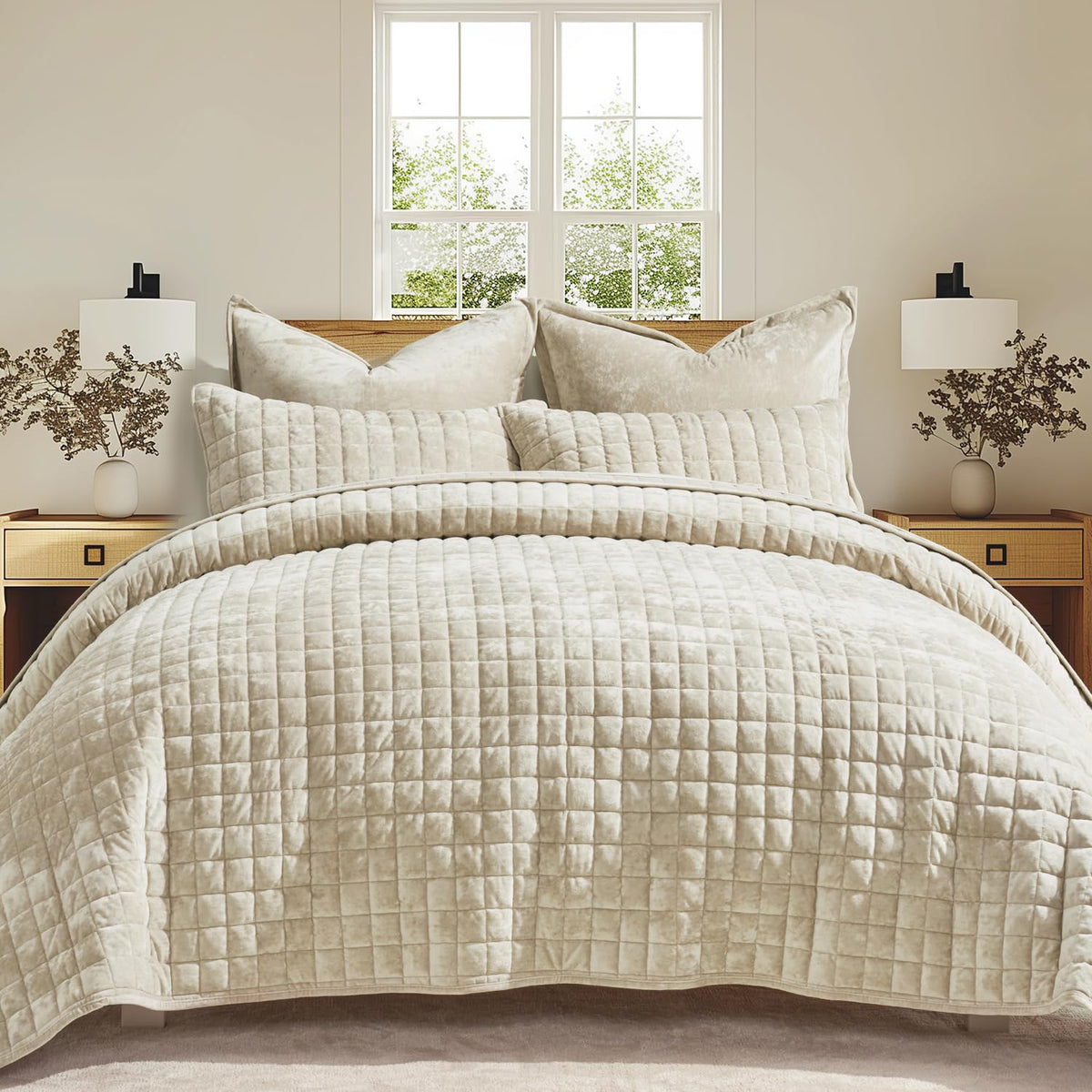 RECYCO Channel Box Stitch Velvet Quilt Set, King Size, Beige