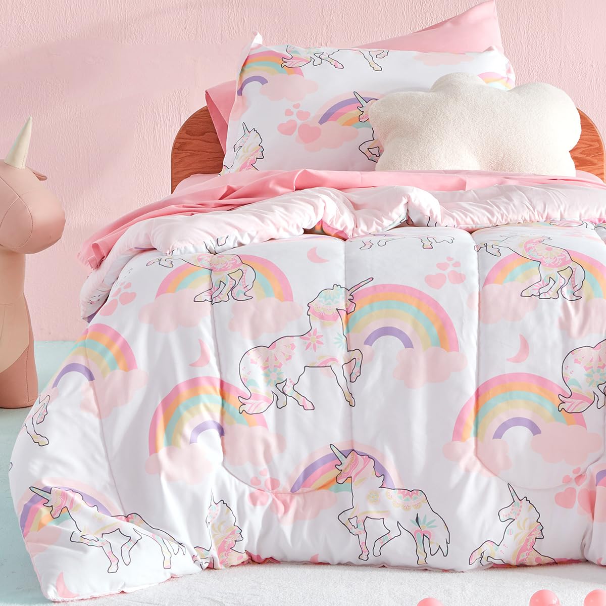 SLEEP ZONE Comforter Set Bed in A Bag, 7 Pieces Girls, Cattoon Pattern for Kids, Toddlers, Teens, Ultra Soft and Washable (Garden Secret,Full/Queen)