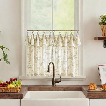 jinchan Floral Linen Kitchen Tier Curtains, 24 Inch, 2 Panels, Green