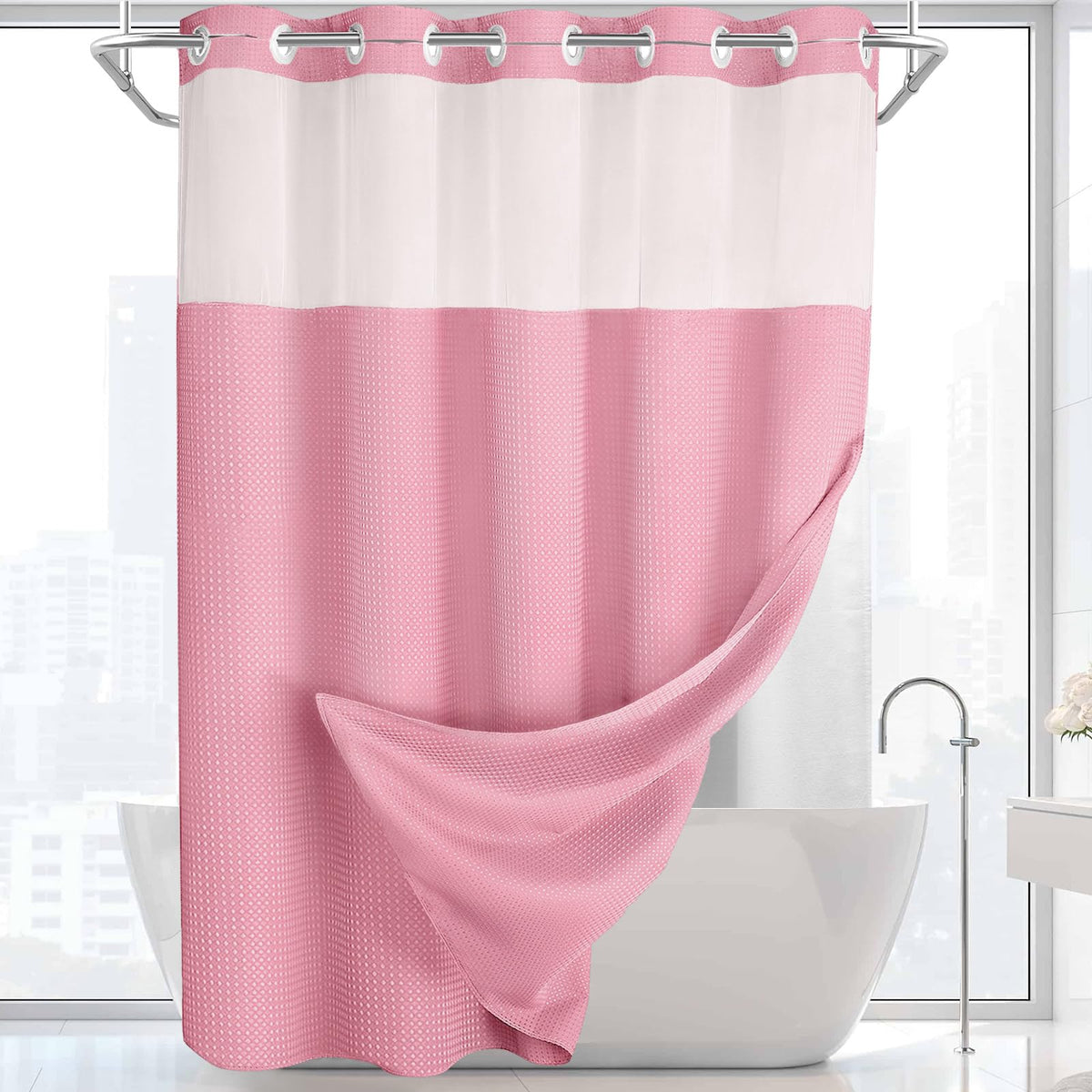 No Hook Shower Curtain with Liner Set Hotel Waffle Burgundy 72W X 75L