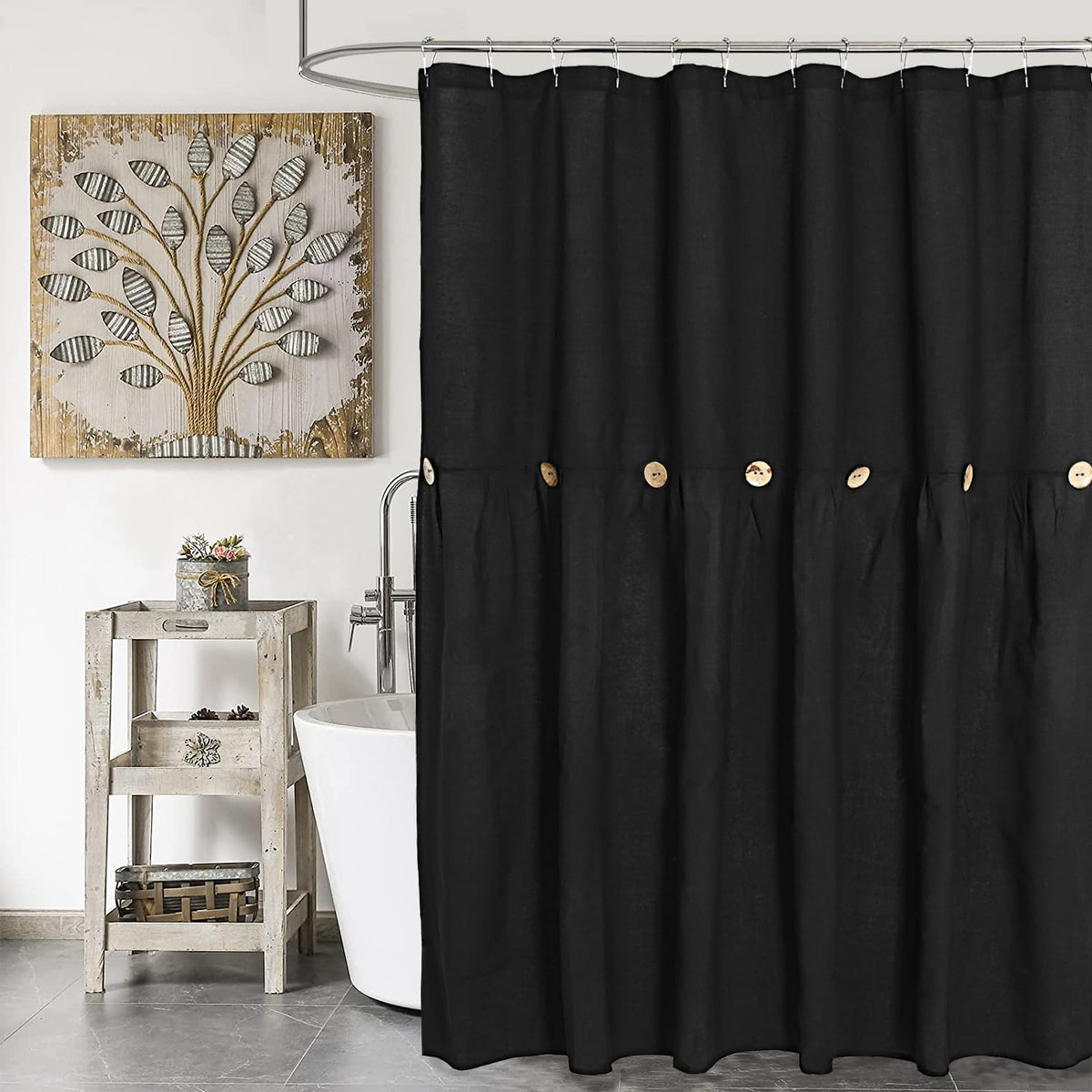 DOSLY IDÉES Farmhouse Shower Curtain,Beige and Gray Stripe,Button Curtain,Linen and Cotton Woven Fabric,Rustic Charm Country Chic Style,72x72 in
